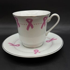 Darice Breast Cancer Awareness Pink Ribbon Tea Cup and Saucer Set Silver Trim